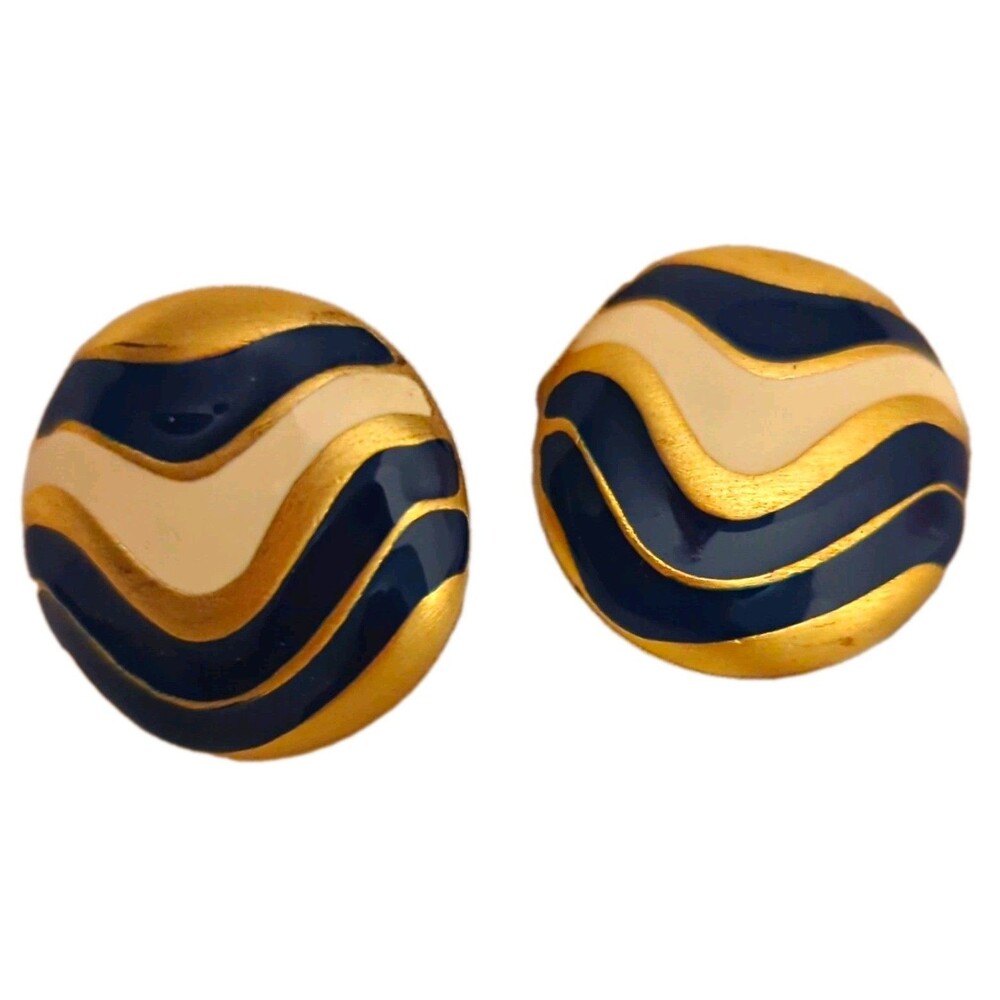 Vintage Blue White Enamel & Gold-Tone Round Clip-On Stud Earrings for Lobe